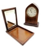 Antique mahogany inlaid case mantle clock with a porcelain dial and original key - 22cm & running