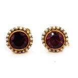 14ct marked gold simulated alexandrite (approx 9mm in diameter) & seed pearl screw back earrings -