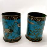 Pair of cloisonne brush pots with crane decoration - 11cm diameter & 15cm high Condition report1 has