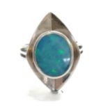 Mid 20th C unmarked white gold (tested as 18ct) stylish opal ring - size O½ & 9g total weight