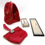 Chinese hardstone / jade mounted red silk purse - 15cm x 16cm t/w red silk hat with butterfly