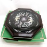 Oriental lacquer octagonal box containing hors d'oeuvre dishes with mother of pearl