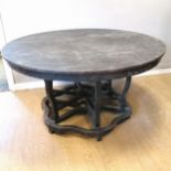 Antique black painted unusual circular centre table 132cm diameter, 71cm high, Condition reportSplit