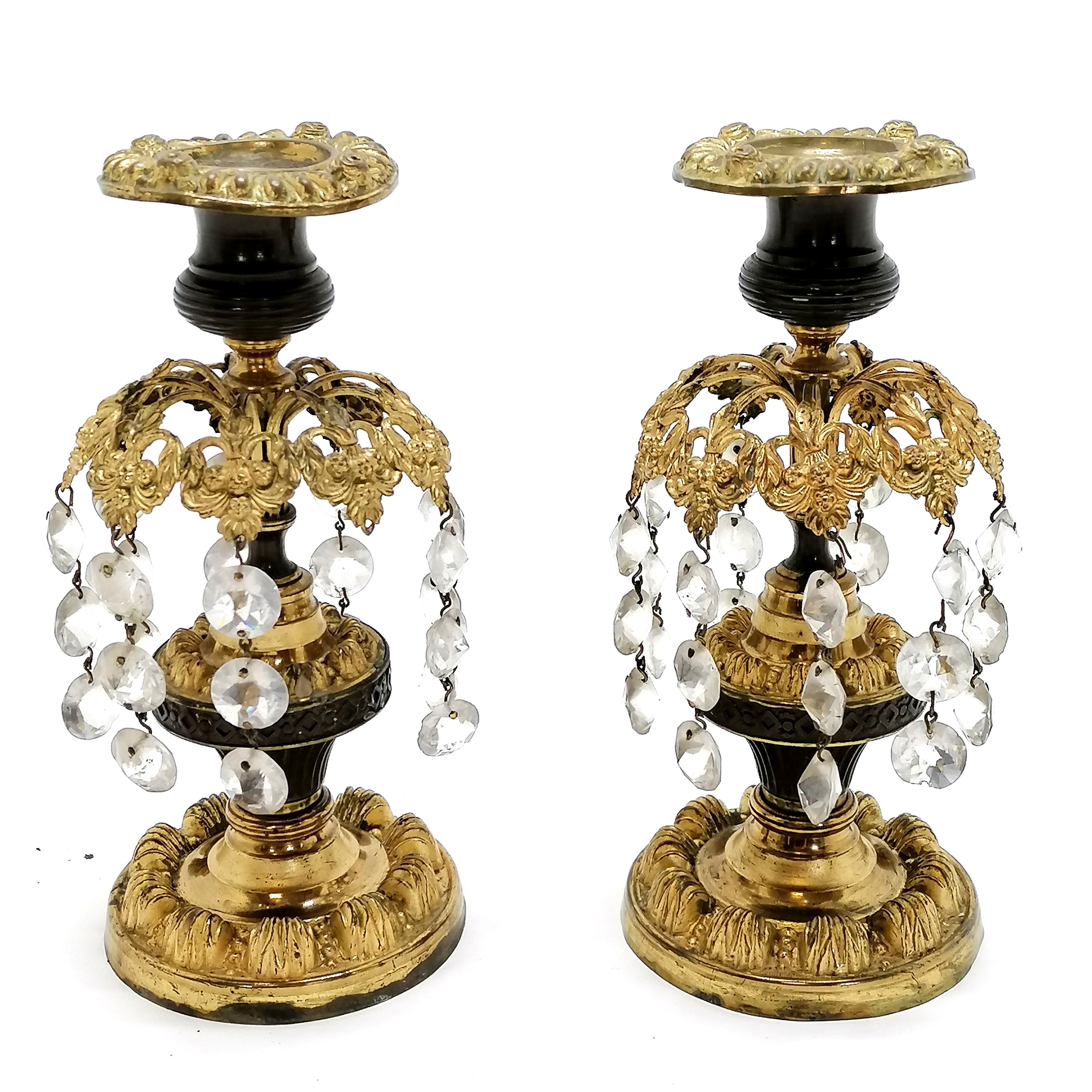 Early Victorian pair of candlesticks with crystal drops (2 missing) - 20cm high Condition