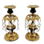 Early Victorian pair of candlesticks with crystal drops (2 missing) - 20cm high Condition