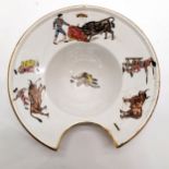 Antique barbers bowl with overpainted bullfighting scenes, 30cm diameter Condition reportHas old