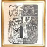 1952 signed abstract linocut of birds / water buffalo / trees / mushrooms etc #37/50 ~ 46cm x 43cm