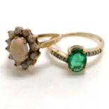 9ct hallmarked gold emerald (approx 7.5mm x 5.5mm) & diamond (10) ring - size Q½ T/W 9ct