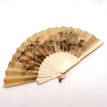 Antique Chinese hand decorated fan with antique ivory sticks (1 a/f) - 48cm across (opened)