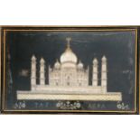 Antique hand embroidered depiction of the Taj Mahal in Agra in a Hogarth wooden box frame - 56cm x