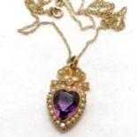 Antique 9ct marked gold heart shaped amethyst & pearl pendant on 9ct gold 46cm chain - total