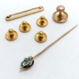 9ct marked gold antique stick pin with turquoise end t/w 5 x 9ct gold studs & 9ct gold pin - total