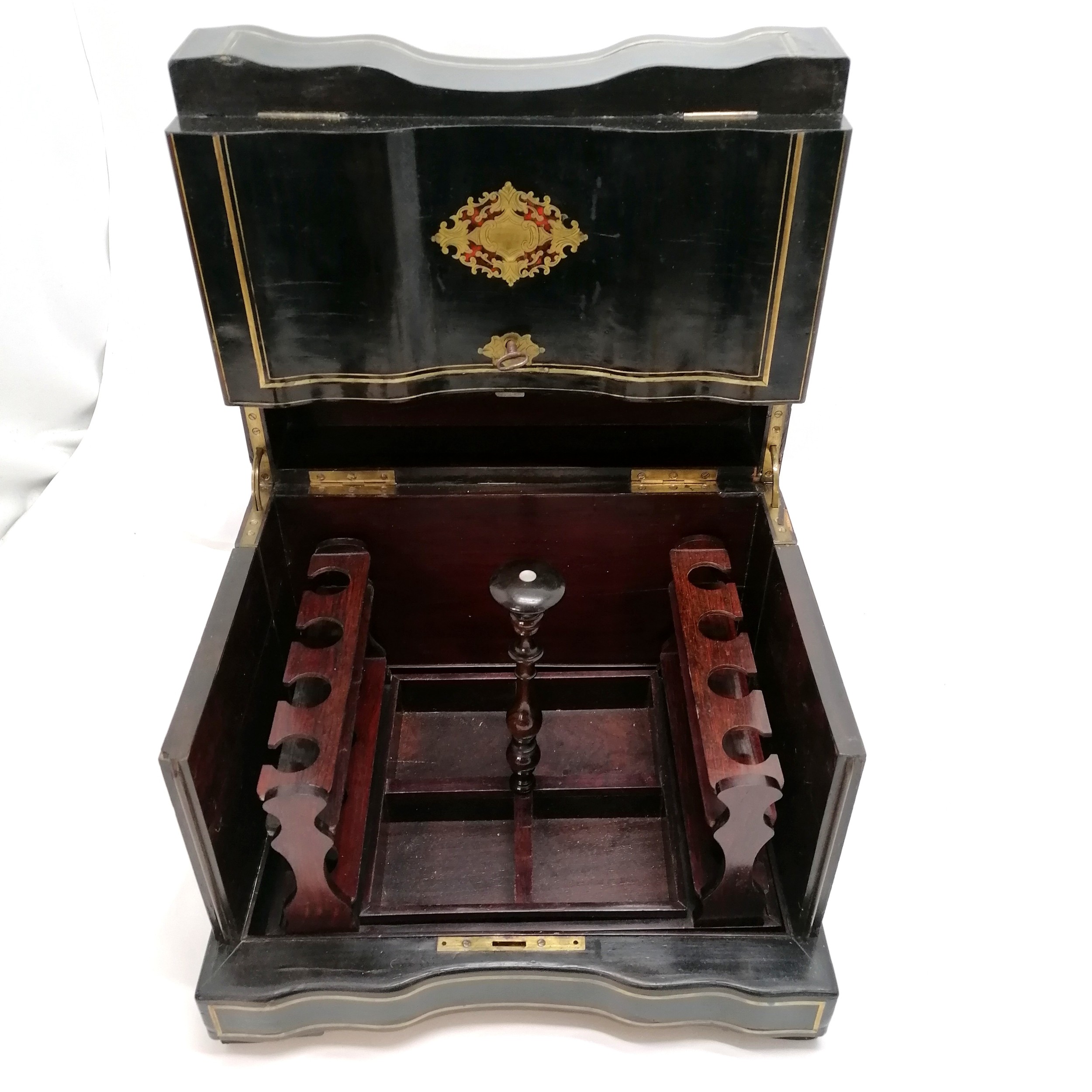 Antique decanter box ebonised boule work with original key - 34cm wide 27cm high 25cm deep Condition - Image 6 of 6