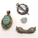 3 x silver brooches inc Scottish set with amethyst (+ loose citrine), bow brooch etc ~ 18.9g total