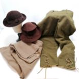 Land army brown felt hat (x2) t/w military issue jodhpurs (x2 - 1 with military label 1942 dated