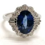 18ct marked white gold sapphire (approx 2.5cts) & diamond (16 - 10 brilliant cut & 6 baguette)