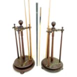 Snooker/billiard antique matched pair of cue stands 118cm high, T/W 3 antique rests and a cue in