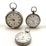 3 x silver cased antique pocket watches - largest 5cm diameter & lacks glass but runs ~ all for