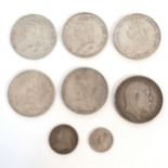 6 x silver crowns (5xQV, 1xEVIII), 1896 1/- & 1887 6d - 176g
