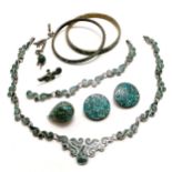 Mexican silver necklace (40cm) & bracelet set with turquoise t/w 2 bangles, 2 buttons, pendant etc