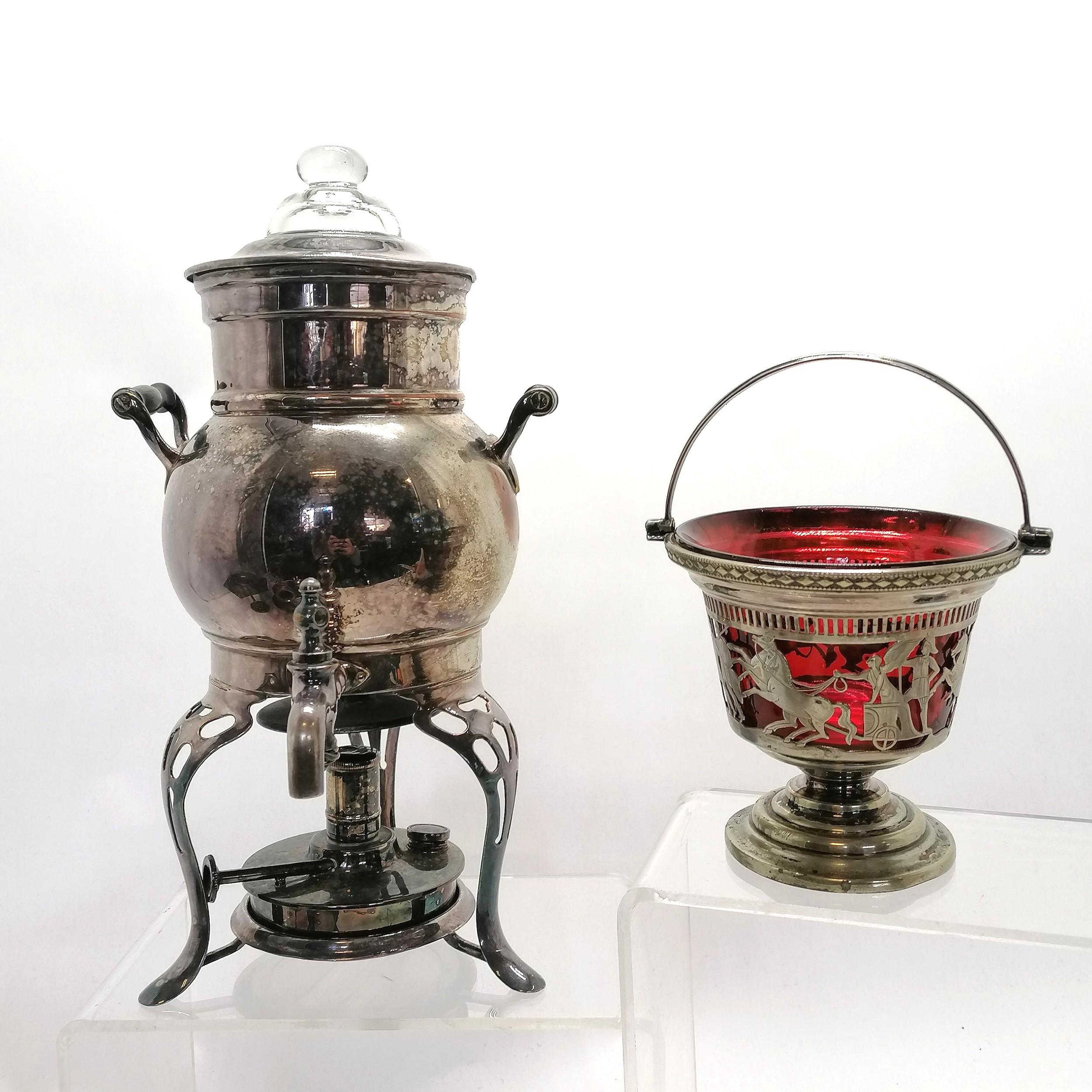 Qty of silver plated wares inc tazza, serving platters, samovar - all slight a/f & ruby glass - Image 2 of 2