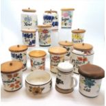 13 x Toni Raymond vintage retro pottery storage jars with lids etc.