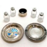 Norwegian silver enamel small dish (9cm diameter), silver drip stopper, 4 x silver lidded glass jars