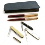 Parker pen set - ball point & nib pen in original leather case t/w 3 x penknives