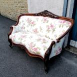 Antique mahogany framed parlour sofa with floral upholstery. 95cm high x 155cm wide x 82cm deep