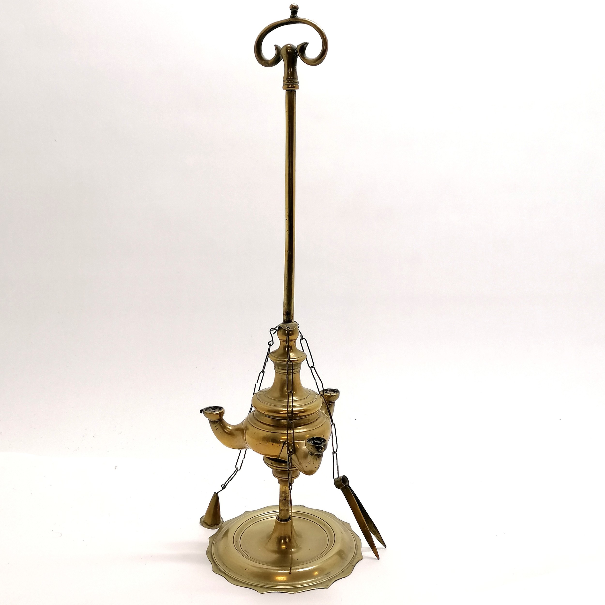 Antique brass students lamp - 47cm high ~ has original tweezers, snuffer & spike & is in good used