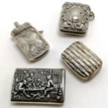 4 antique novelty vesta/ match safe cases in white metal 1 continental silver marked has a sliding