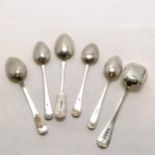 5 silver teaspoons (2 unmarked) t/w Georgian silver shovel sugar (?) spoon - total weight (6) 89g