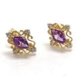 14ct marked gold amethyst & diamond stone set earrings - 1.8g total weight