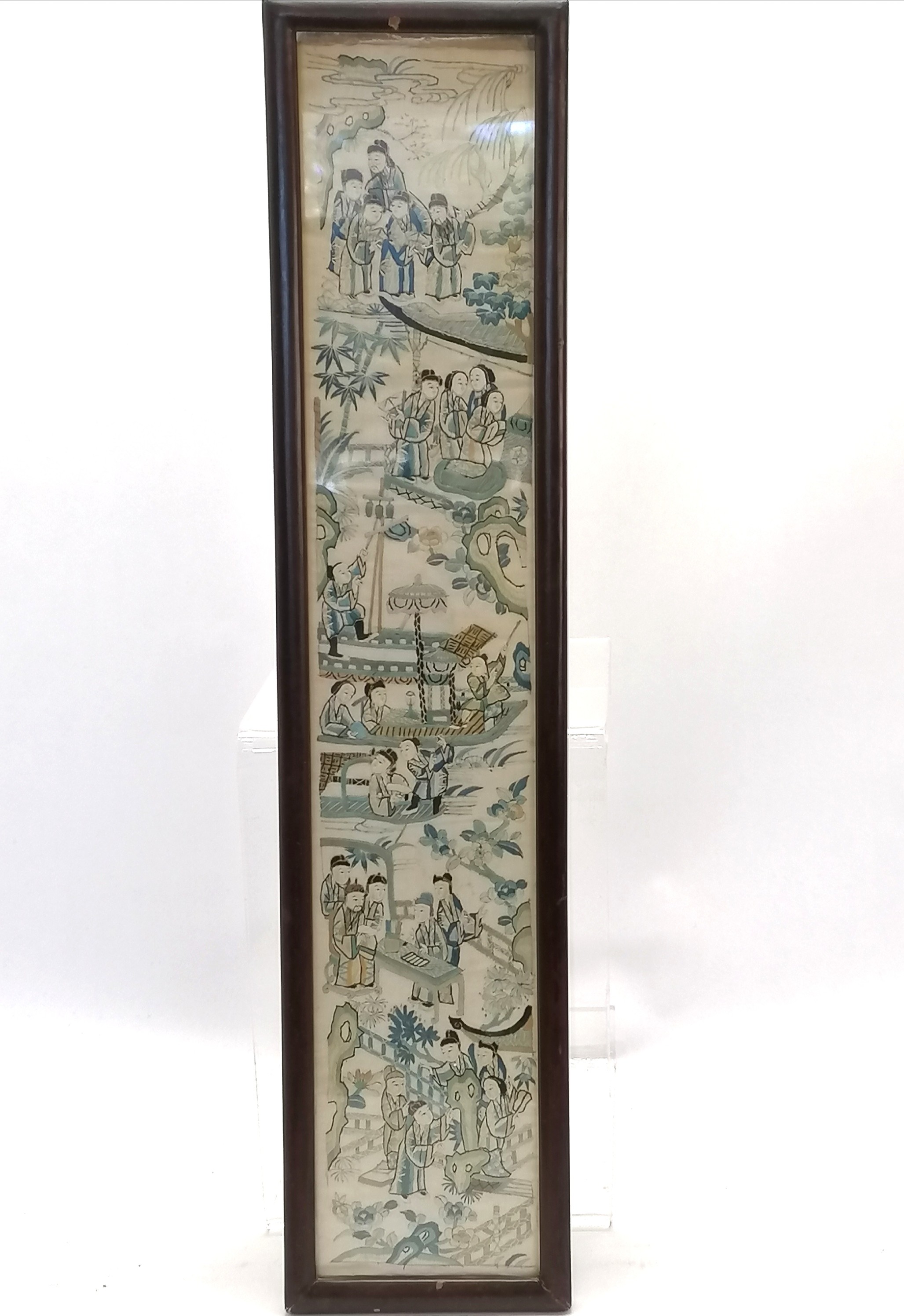 Antique Chinese hand embroidered panel in an original lacquer frame - 51cm x 11.5cm Condition