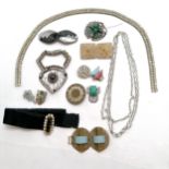 Vintage silver & crystal 3 strand necklace (36cm) t/w antique & vintage buckles, dress clips etc -