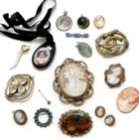 Quantity of antique jewellery including shell cameos, largest 7cm drop, pair of silver clip on cameo