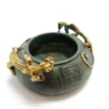 Chinese patinated bronze & gilt decorated brush wash decorated with 2 dragons & has script panel