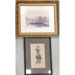 Framed picture of the wife of Augustus John - 38.5cm x 28cm t/w framed watercolour of a mountain /