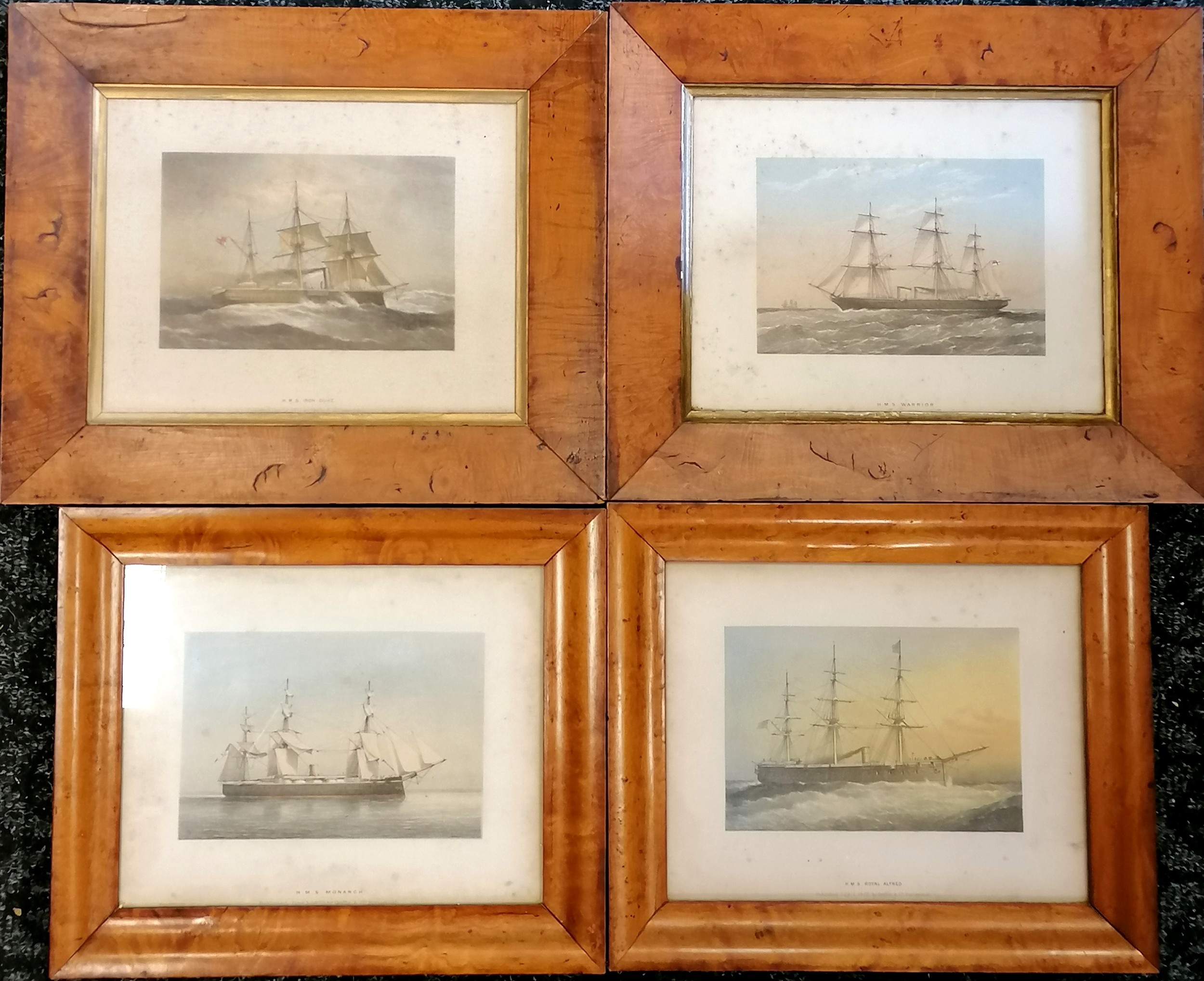 4 x antique mounted 1872 dated prints of warships in original maple frames - largest 37cm x 31cm