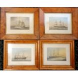 4 x antique mounted 1872 dated prints of warships in original maple frames - largest 37cm x 31cm