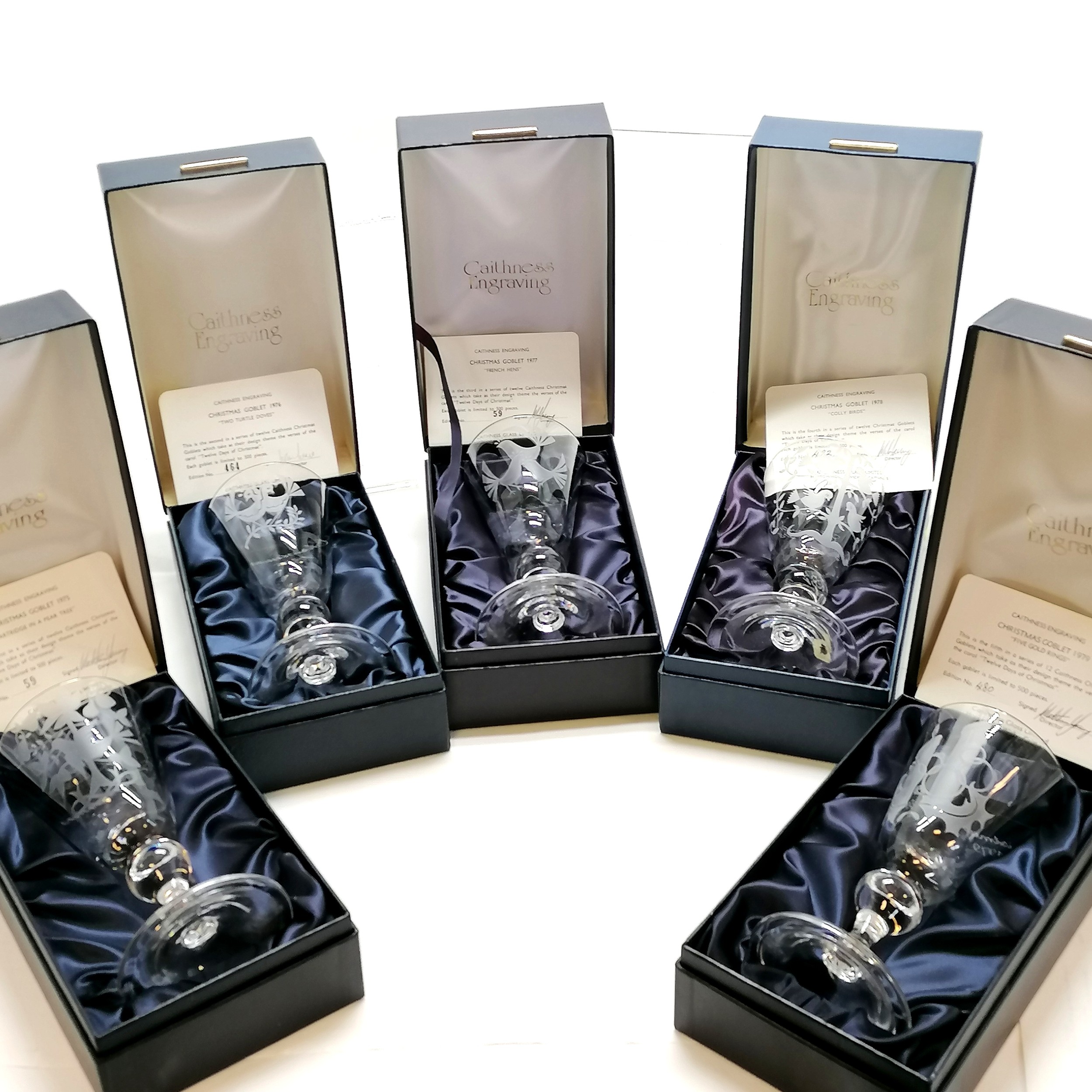 5 boxed Caithness 12 days of Christmas boxed goblets 18.5cm high 1975-1979 (with certificates)