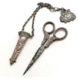 Antique Chester silver chatelaine silver handled scissors in sheath on a chain with a panel by