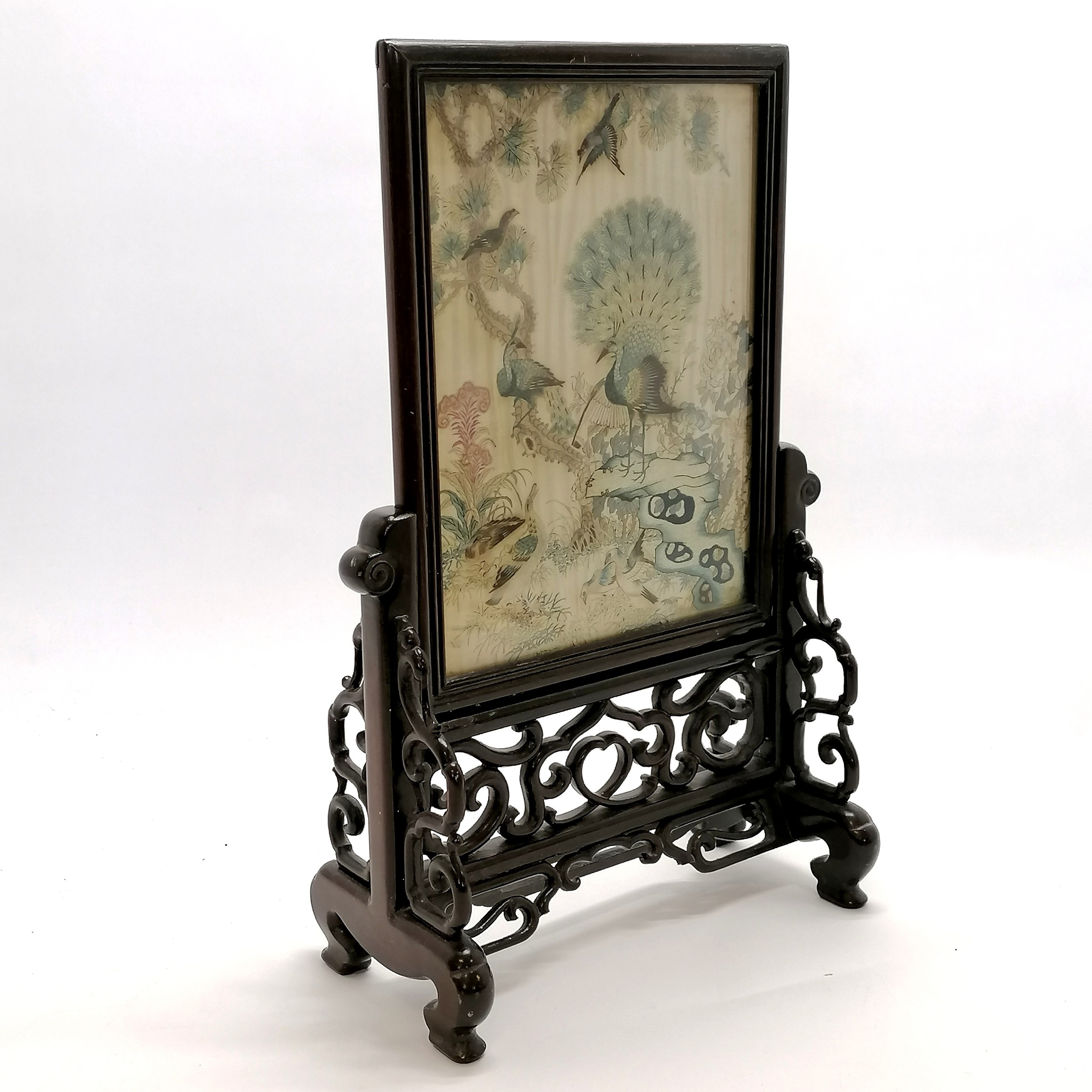 Chinese hardwood carved table screen with Antique hand embroidered panel depicting birds - 40cm high - Image 3 of 4