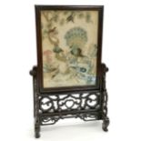 Chinese hardwood carved table screen with Antique hand embroidered panel depicting birds - 40cm high