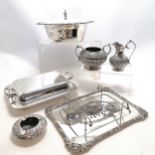 Silver plated asparagus dish, lidded tureen with glass liner, vegetable dish, cream and sugar bowl