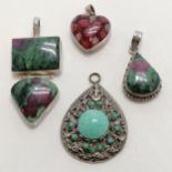 4 x silver large pendants inc paperweight cane heart - filigree pendant weight unmarked ~ total
