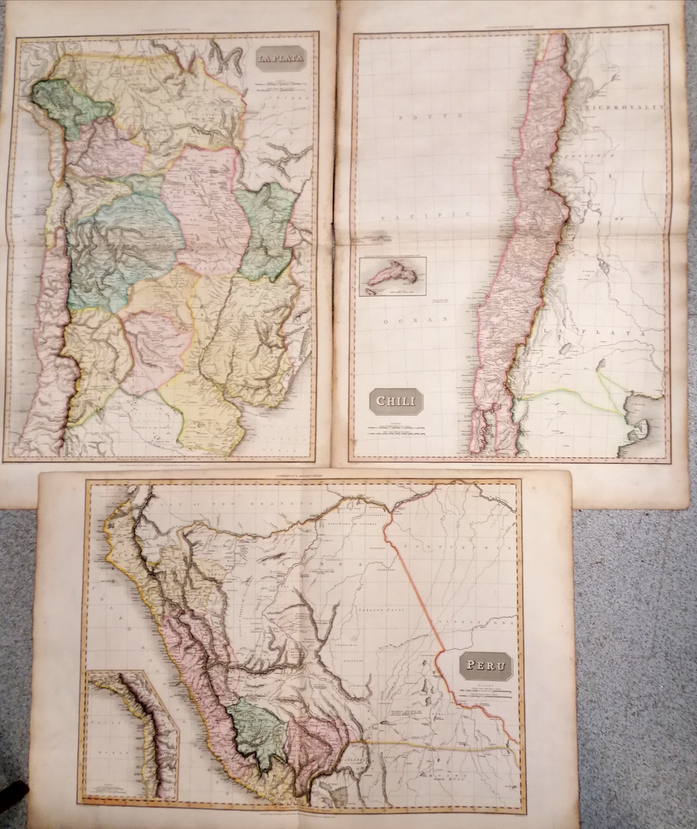 3 x large Pinkertons maps 1812 La Plata, 1810 Peru & 1809 Chili (Chile) - 84cm x 55cm