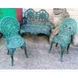 Green painted 2 seater aluminium bench and 2 chairs- bench 100cm wide x 89cm high Condition reportIn