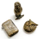 Antique novelty 3 x vesta / match safes all as Owls, tallest brass owl with glass eyes 7cm high