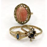 3 x 9ct (2 are hallmarked) gold rings inc 2 sapphire & white stone rings (size L½ & K) & cabochon